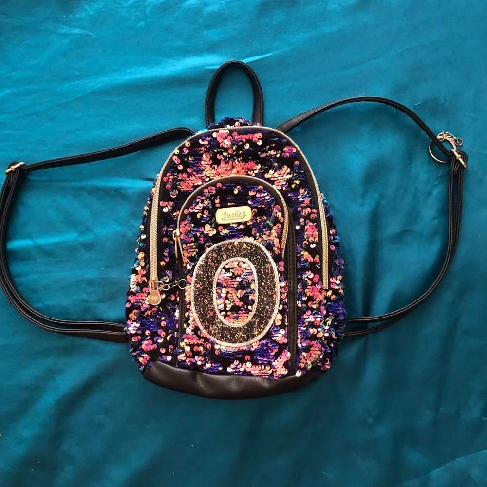 Girl’s Justice Sequin Backpack Letter O Purple Pink 2 Pockets Adjustable Straps